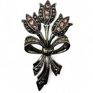 Vintage Avon Pink Rhinestone Tulip Flower Bouquet Bow Faux Marcasite Brooch Pin